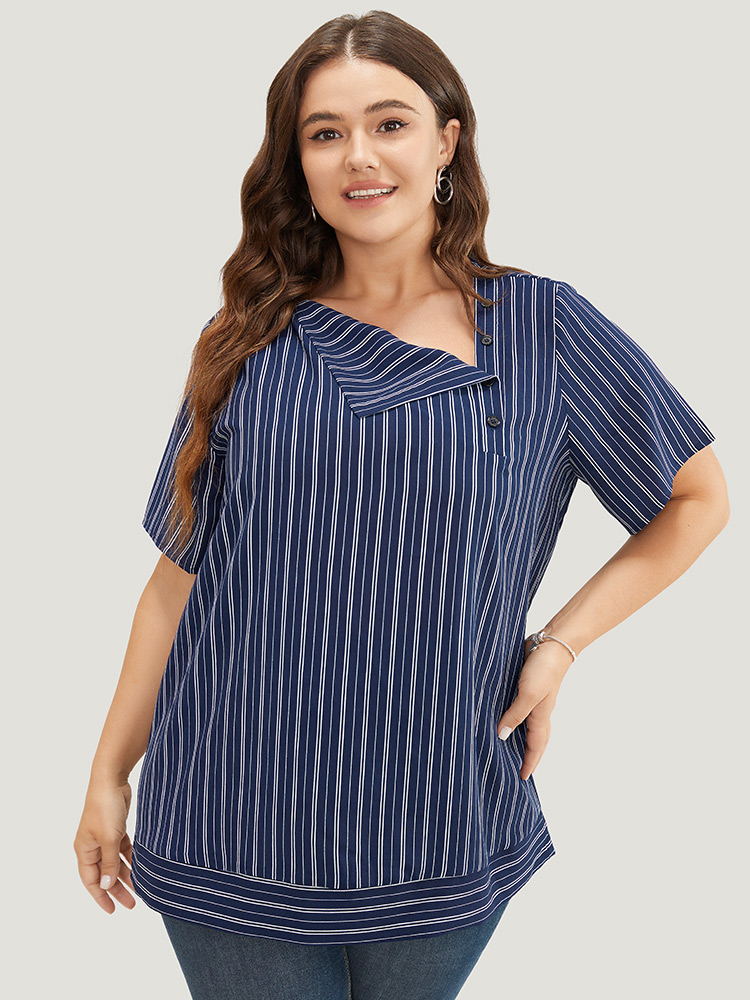 

Plus Size DarkBlue Striped Print Asymmetrical Neck Blouse Women Office Short sleeve Asymmetrical Neck Work Blouses BloomChic