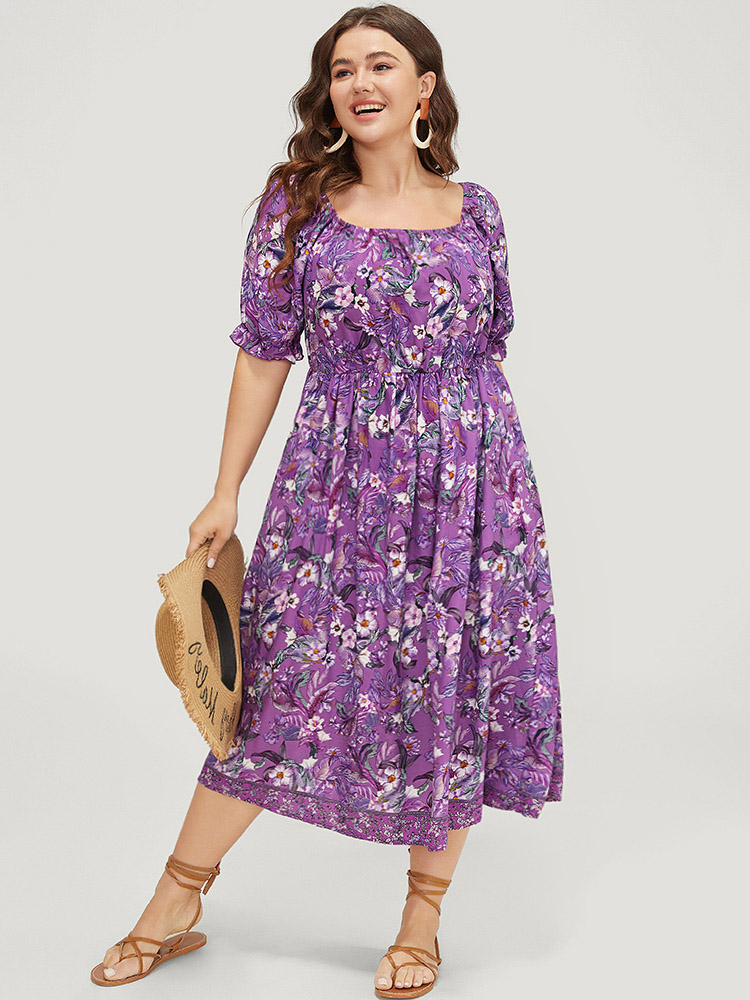 

Plus Size Floral Square Neck Ruffles Pocket Puff Sleeve Midi Dress DarkViolet Women Elegant Pocket Square Neck Short sleeve Curvy Midi Dress BloomChic