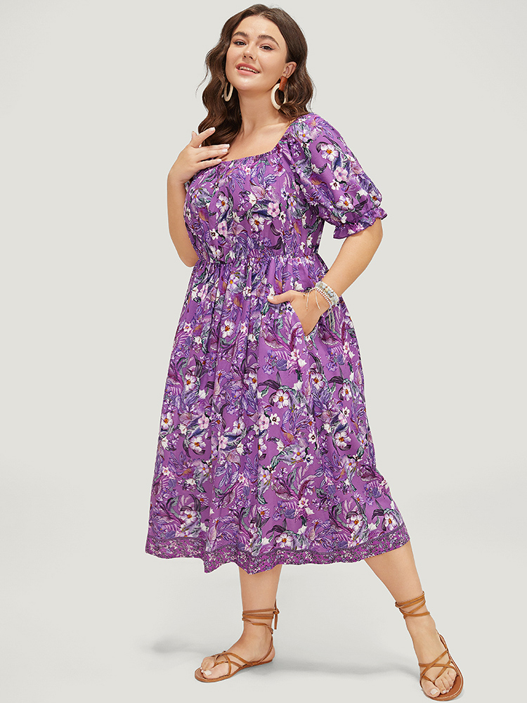 

Plus Size Floral Square Neck Ruffles Pocket Puff Sleeve Midi Dress DarkViolet Women Elegant Pocket Square Neck Short sleeve Curvy Midi Dress BloomChic
