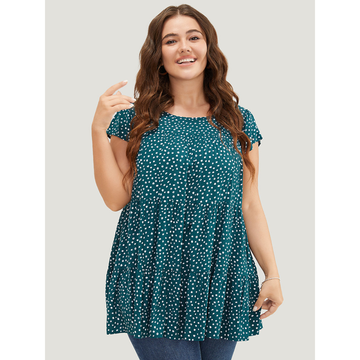 

Plus Size Cyan Allover Print Cap Sleeve Ruffle Hem Gathered Blouse Women Casual Cap Sleeve Round Neck Everyday Blouses BloomChic