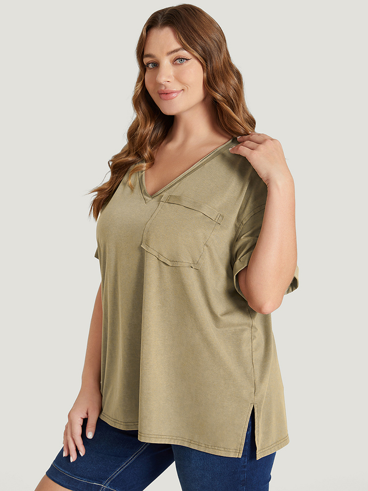 

Plus Size Solid Vintage Roll Sleeve Pocket Split Hem T-shirt Sage Women Casual Slit Plain V-neck Dailywear T-shirts BloomChic