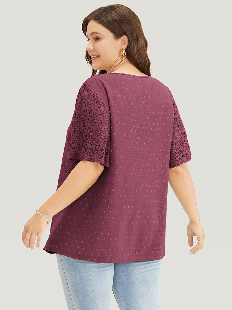 

Plus Size Purple Polka Dot Lace Sleeve Blouse Women Elegant Short sleeve V-neck Everyday Blouses BloomChic