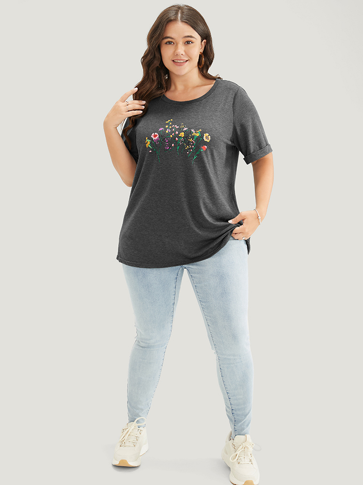 Plus Size Floral Roll Sleeve Round Neck T-shirt Gray Women Casual Natural Flowers Dailywear T-shirts BloomChic 22-24/3X 
