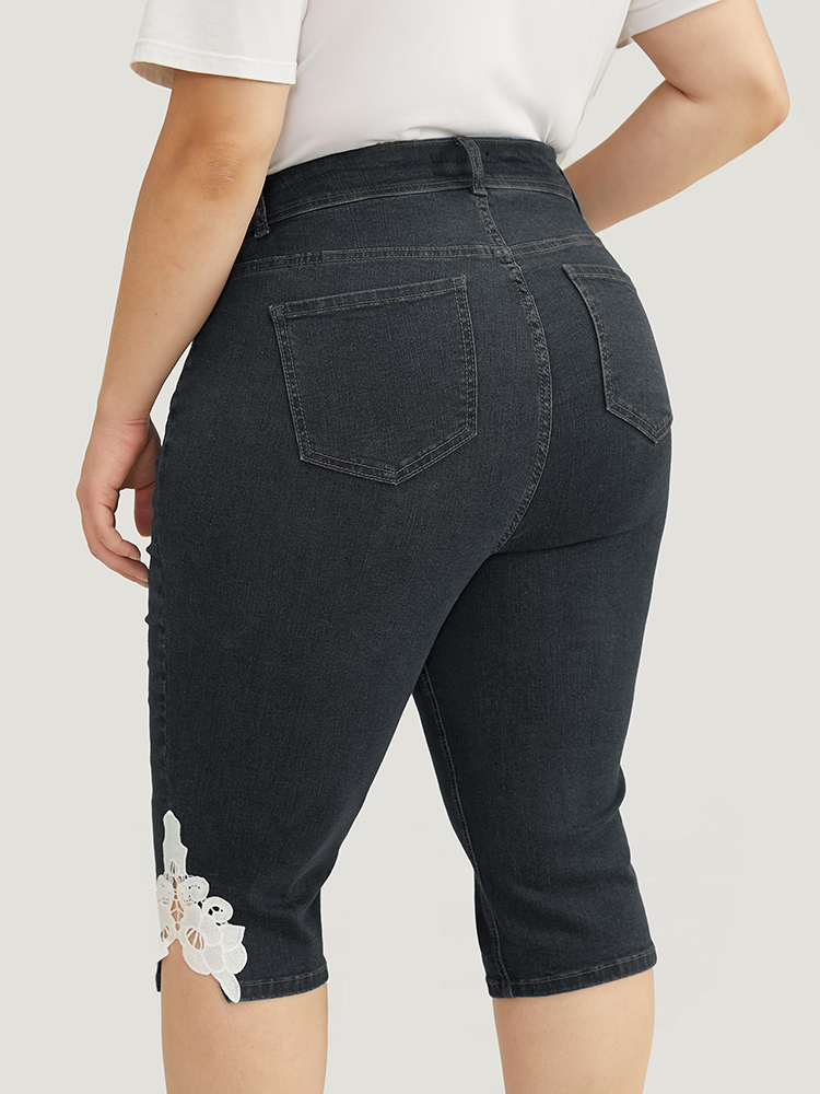Very Stretchy High Rise Medium Wash Guipure Lace Knee Denim Shorts BloomChic 