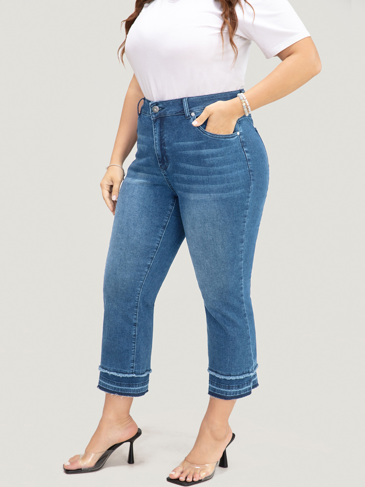 

Plus Size Bootcut Very Stretchy High Rise Dark Wash Fringe Detail Jeans Women Blue Casual Plain High stretch Slanted pocket Jeans BloomChic