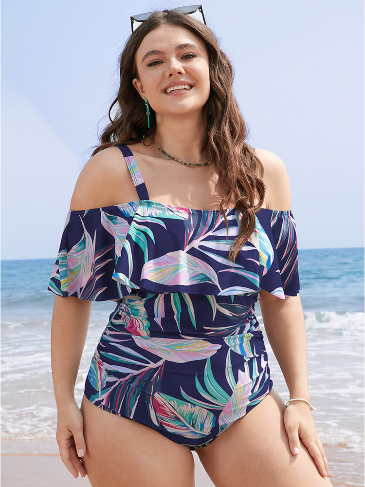 Plant Print Cold Shoulder Ruffle Trim One Piece Swimsuit BloomChic 