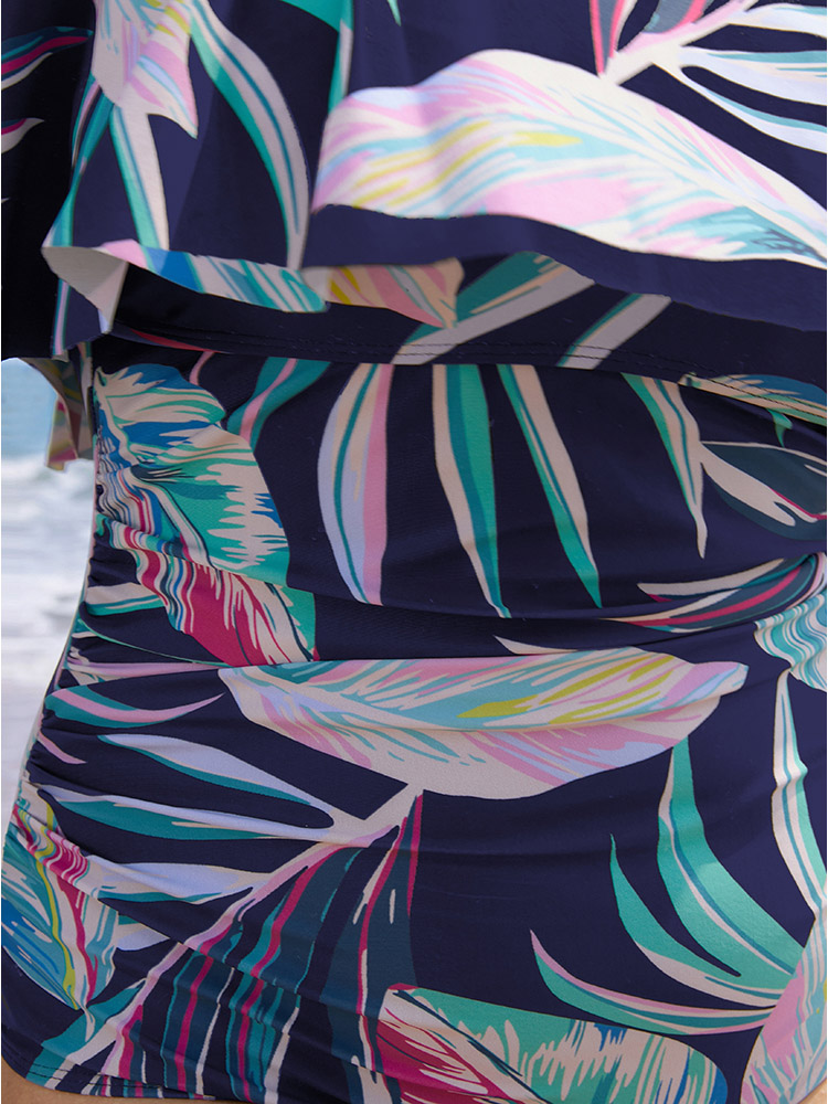 Plant Print Cold Shoulder Ruffle Trim One Piece Swimsuit BloomChic 