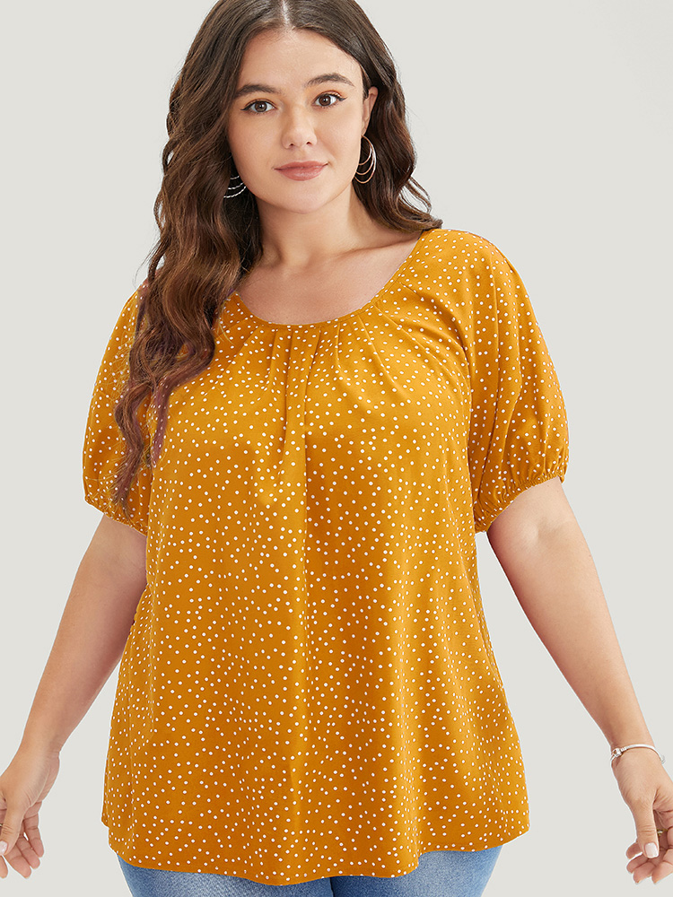 

Plus Size Yellow Polka Dot Pleated Round Neck Puff Sleeve Blouse Women Office Short sleeve Round Neck Work Blouses BloomChic