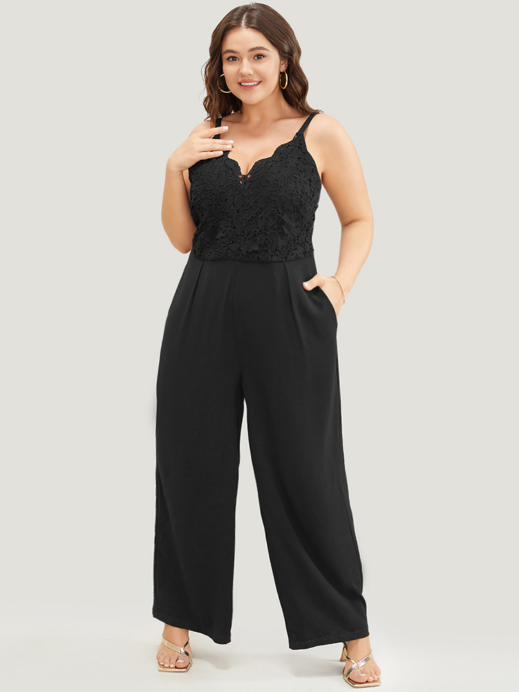 

Plus Size Black Lace Patchwork Scalloped Trim Plicated Detail Pocket Cami Jumpsuit Women Elegant Sleeveless Spaghetti Strap Dailywear Loose Jumpsuits BloomChic