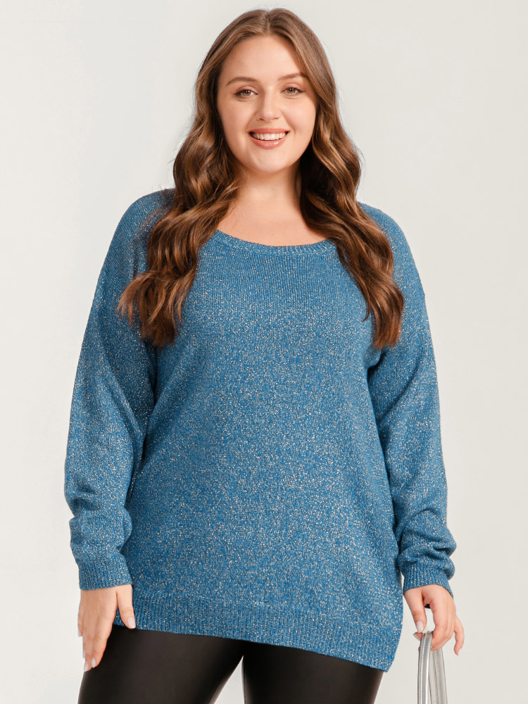 

Plus Size Solid Pointelle Knit Round Neck Glitter Heather Knit Top Aegean Women Casual Long Sleeve Round Neck Dailywear Pullovers BloomChic