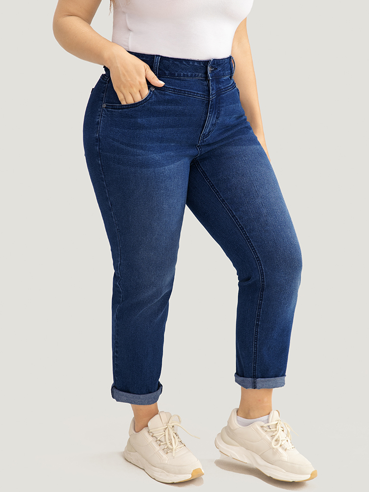 

Plus Size Very Stretchy High Rise Medium Wash Roll Hem Jeans Women DarkBlue Casual Plain High stretch Pocket Jeans BloomChic