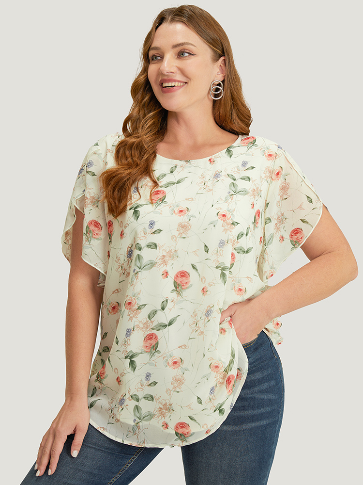 Plus Size Women Dailywear Floral Regular Sleeve Short sleeve Round Neck Elegant Blouses BloomChic 