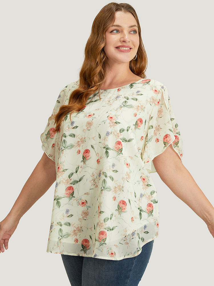 

Plus Size Ivory Floral Split Sleeve Chiffon Blouse Women Elegant Short sleeve Round Neck Dailywear Blouses BloomChic