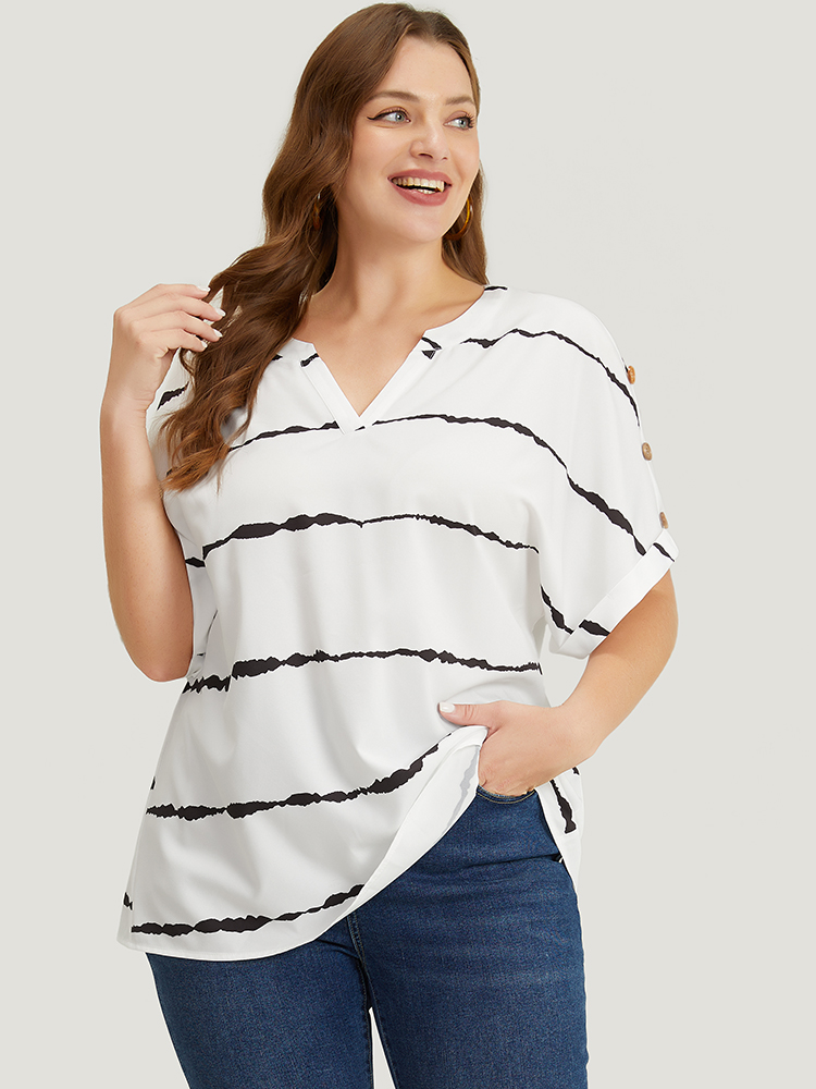 

Plus Size White Tie Dye Notched Button Detail Roll Dolman Sleeve Striped Blouse Women Work From Home Short sleeve Notched collar Work Blouses BloomChic