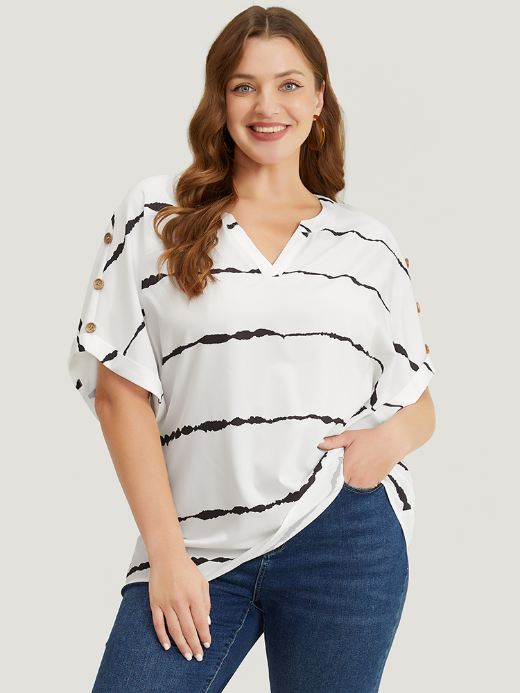 

Plus Size White Tie Dye Notched Button Detail Roll Dolman Sleeve Striped Blouse Women Work From Home Short sleeve Notched collar Work Blouses BloomChic