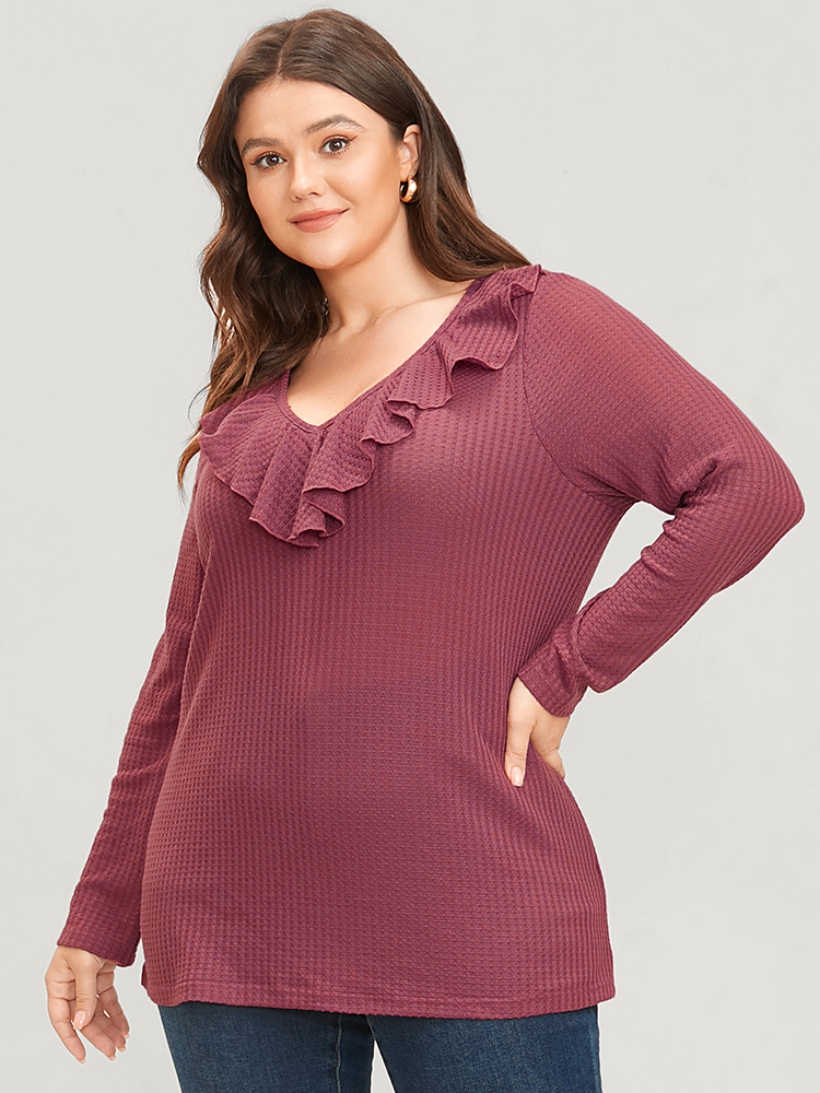 

Plus Size Solid Ruffle Trim V Neck Long Tee DustyPink Elegant Jersey Tops