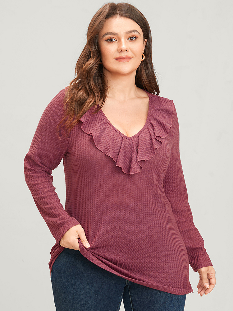 

Plus Size Solid Ruffle Trim V Neck Long Tee DustyPink Elegant Jersey Tops