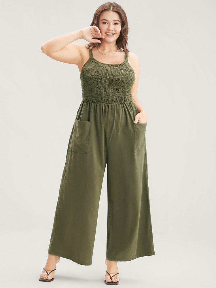 

Plus Size ArmyGreen Solid Pocket Shirred Spaghetti Strap Jumpsuit Women Casual Sleeveless Spaghetti Strap Dailywear Loose Jumpsuits BloomChic