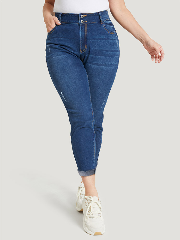 

Plus Size Very Stretchy High Rise Distressed Detail Raw Hem Jeans Women Blue Casual Plain High stretch Pocket Jeans BloomChic