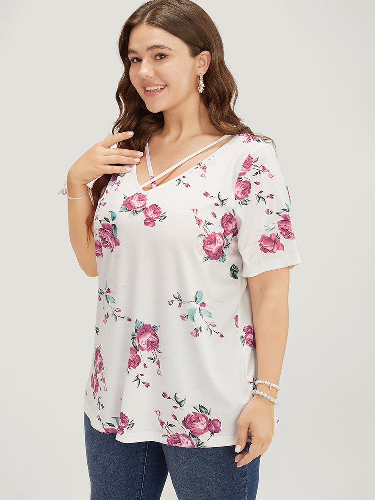 

Plus Size Floral Crisscross V Neck T-shirt Multicolor Women Elegant Floral V-neck Everyday T-shirts BloomChic