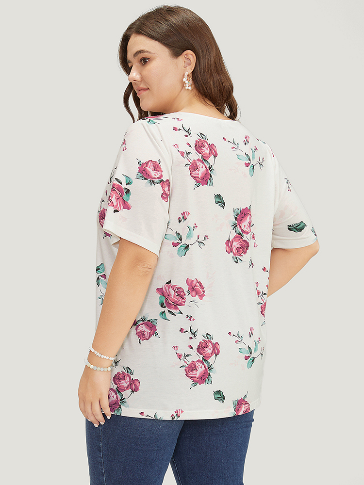 Plus Size Floral Crisscross V Neck T-shirt Multicolor Women Elegant Floral V-neck Everyday T-shirts BloomChic 14-16/1X 