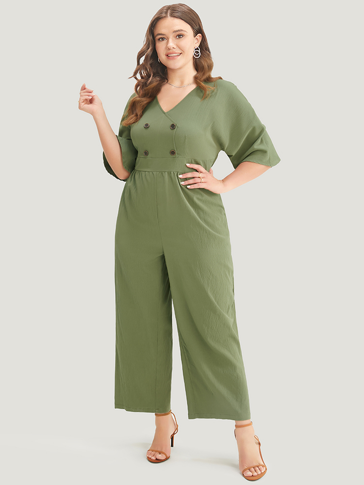 

Plus Size ArmyGreen Solid Wrap Button Detail Batwing Sleeve Zip Back Jumpsuit Women Office Elbow-length sleeve V-neck Work Loose Jumpsuits BloomChic