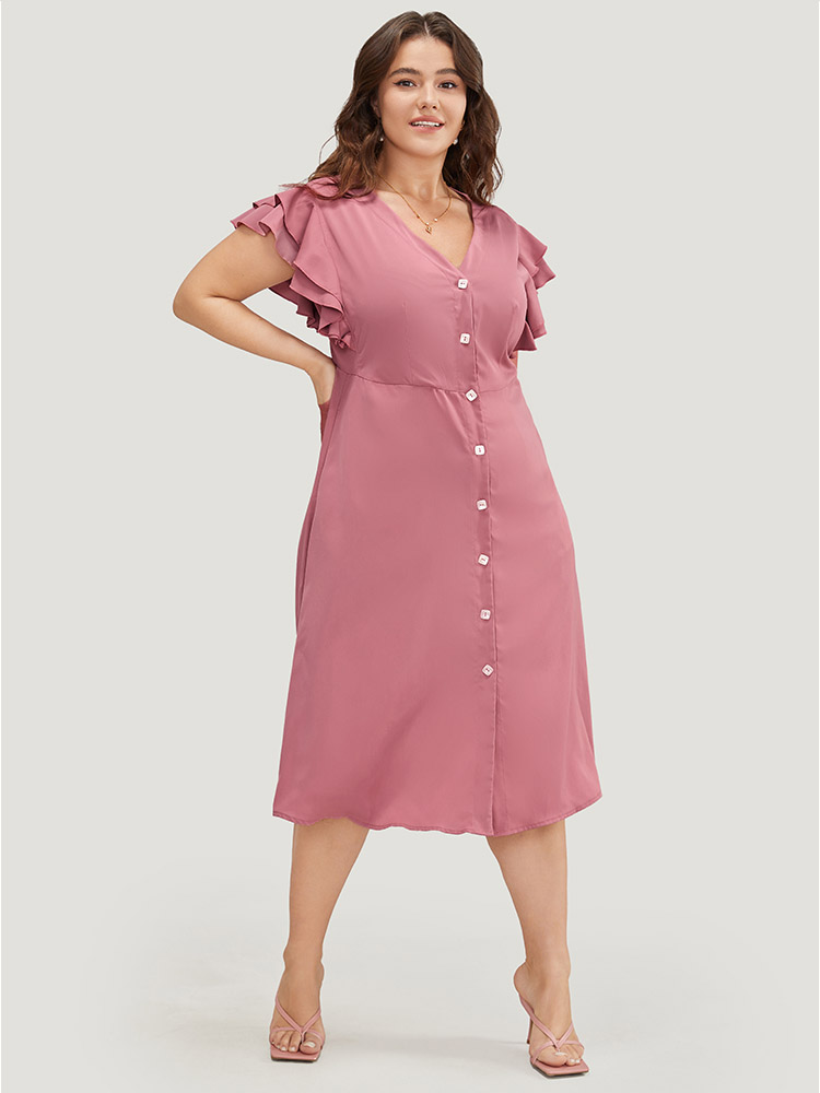 Plus Size Women Dailywear Plain Button Ruffle Sleeve Short sleeve V-neck Pocket Elegant Dresses BloomChic 