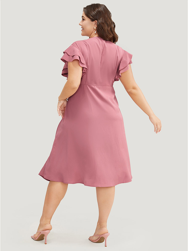 Plus Size Women Dailywear Plain Button Ruffle Sleeve Short sleeve V-neck Pocket Elegant Dresses BloomChic 