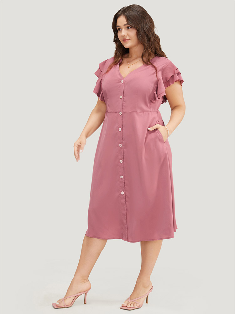 

Plus Size Plain Ruffle Sleeve Pocket Tiered Button Up Dress Rouge Women Elegant Button V-neck Short sleeve Curvy Midi Dress BloomChic