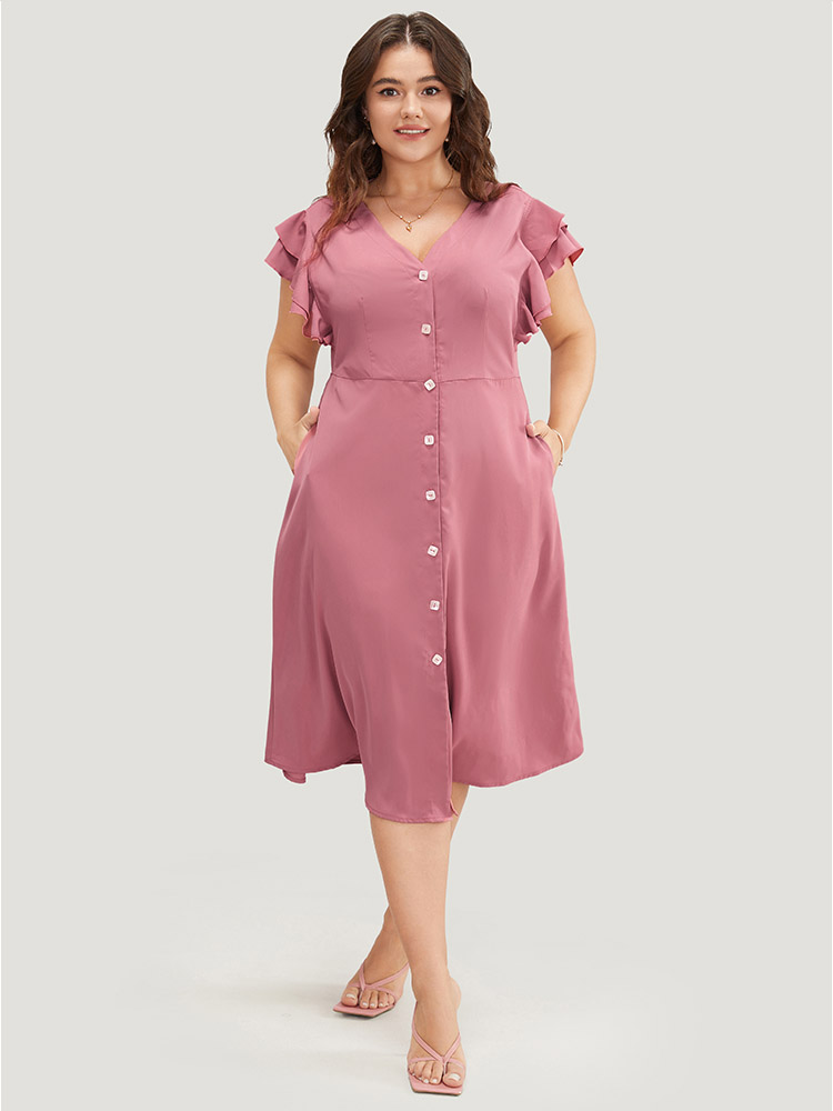Plus Size Women Dailywear Plain Button Ruffle Sleeve Short sleeve V-neck Pocket Elegant Dresses BloomChic 