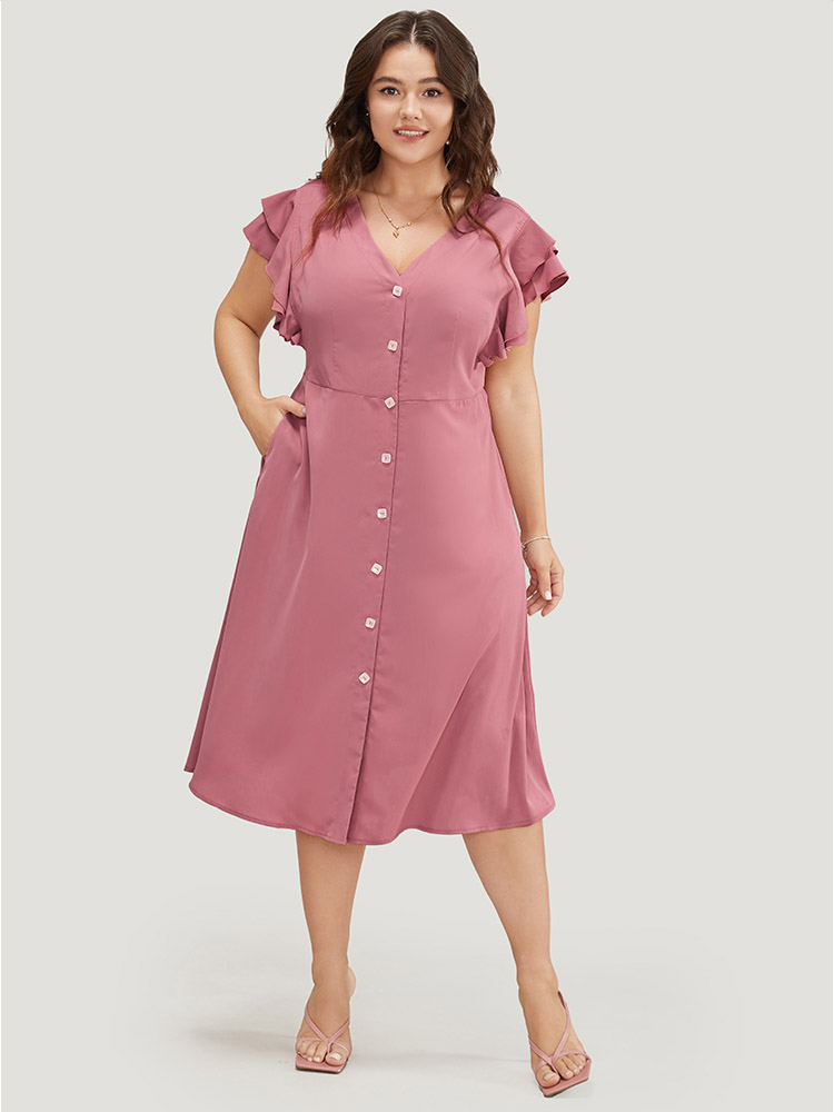 Plus Size Women Dailywear Plain Button Ruffle Sleeve Short sleeve V-neck Pocket Elegant Dresses BloomChic 