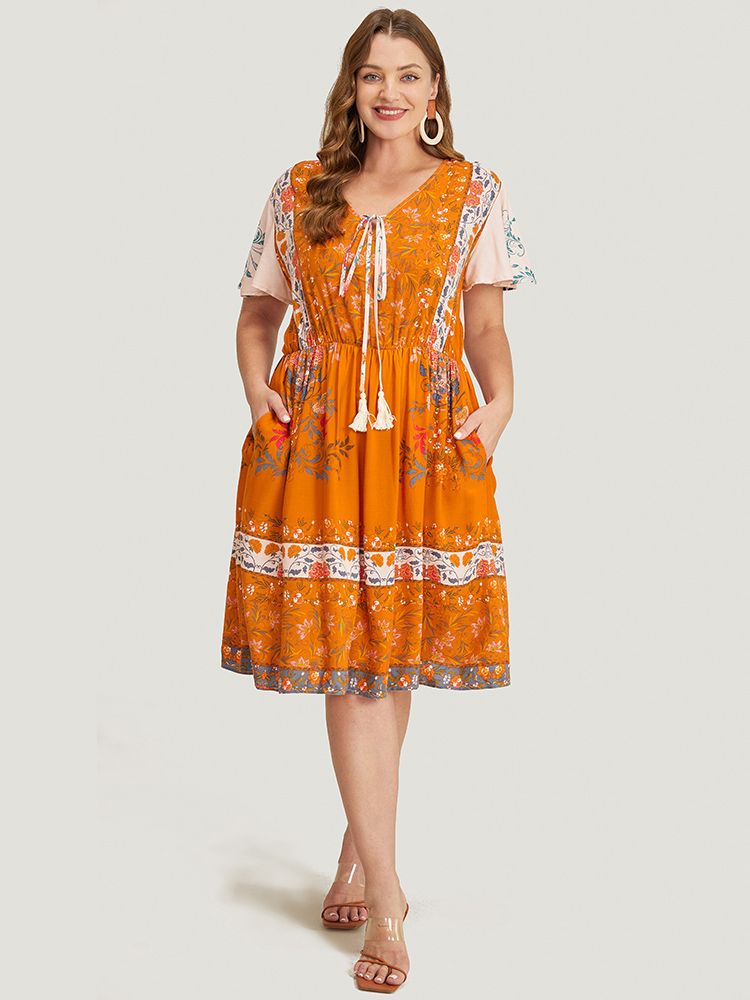 Plus Size Women Dailywear Bohemian Print Tassels Ruffle Sleeve Short sleeve Tie Neck Pocket Vacation Dresses BloomChic 