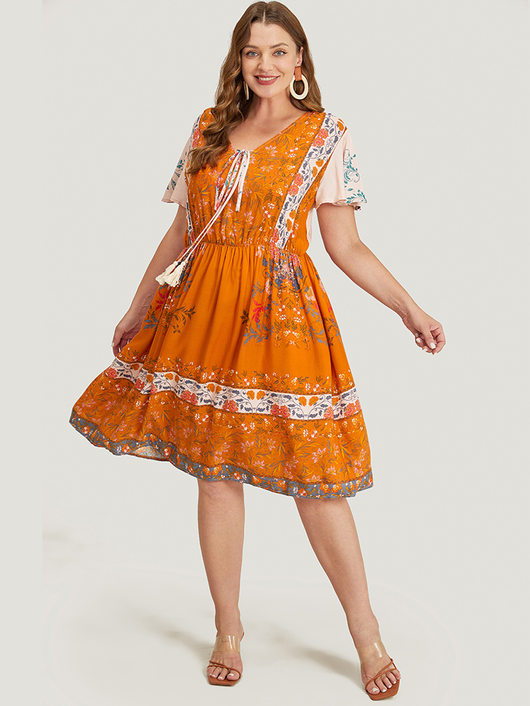 Plus Size Women Dailywear Bohemian Print Tassels Ruffle Sleeve Short sleeve Tie Neck Pocket Vacation Dresses BloomChic 