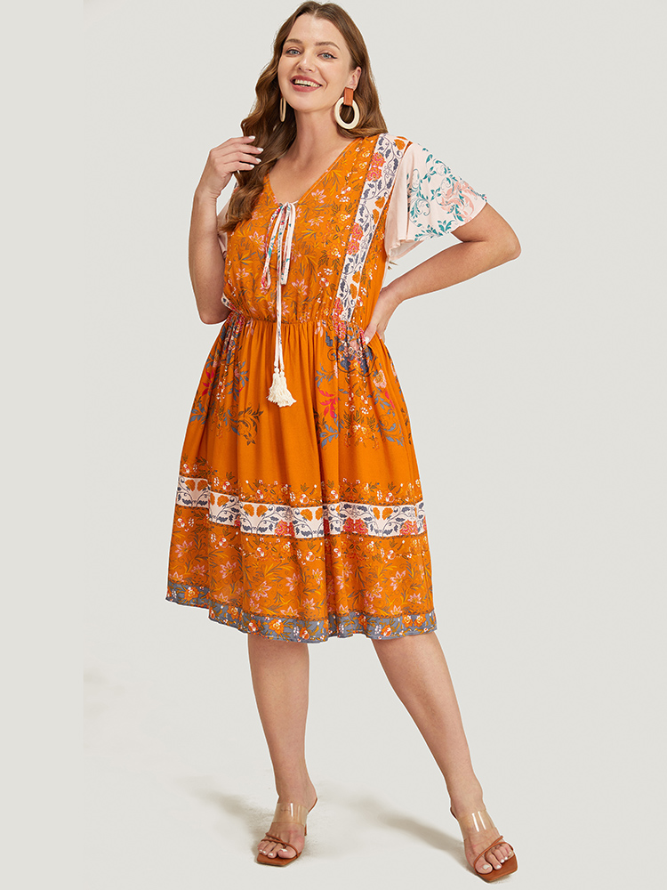 Plus Size Women Dailywear Bohemian Print Tassels Ruffle Sleeve Short sleeve Tie Neck Pocket Vacation Dresses BloomChic 