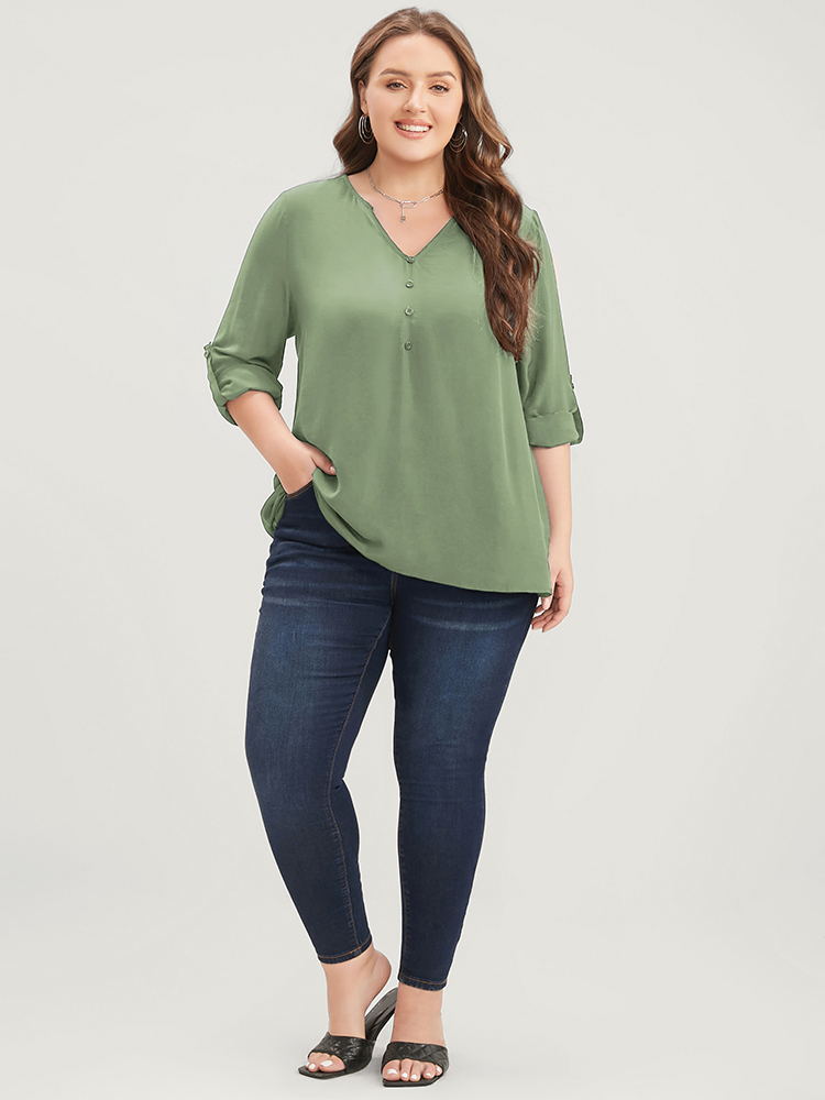 

Plus Size Mint Plain V Neck Button Detail Cuffed Sleeve Blouse Women Office Elbow-length sleeve V-neck Work Blouses BloomChic