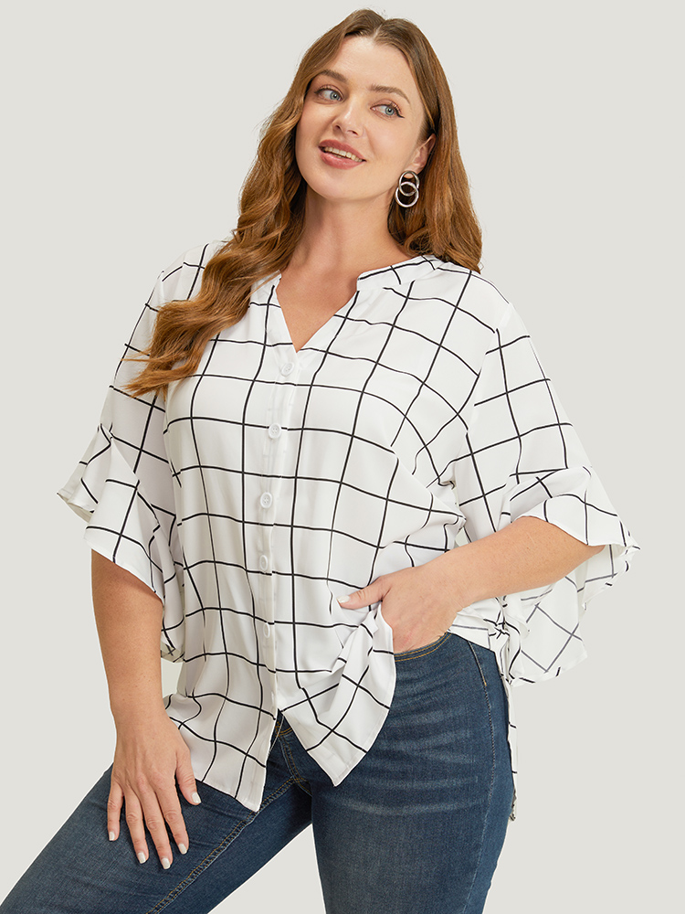 

Plus Size White Plaid Notched Button Up Ruffle Sleeve Split Hem Blouse Women Office Elbow-length sleeve Notched collar Work Blouses BloomChic