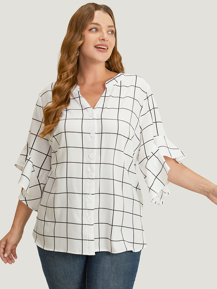 Plus Size Women Work Plaid Ruffles Ruffle Sleeve Elbow-length sleeve Notched collar Office Blouses BloomChic 