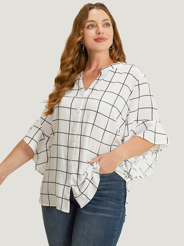 Plus Size Women Work Plaid Ruffles Ruffle Sleeve Elbow-length sleeve Notched collar Office Blouses BloomChic 
