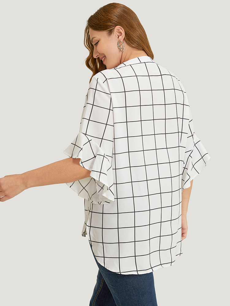 Plus Size Women Work Plaid Ruffles Ruffle Sleeve Elbow-length sleeve Notched collar Office Blouses BloomChic 
