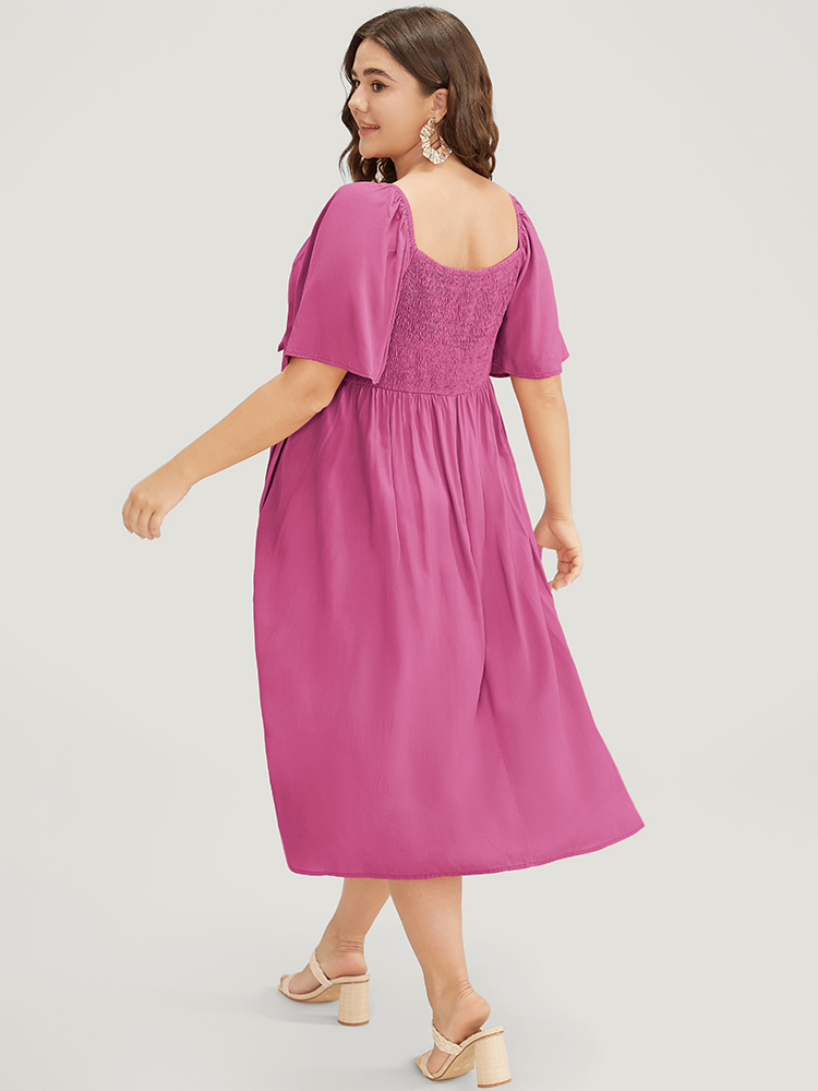 

Plus Size Solid V Neck Ruched Knotted Pocket Ruffle Hem Dress RedViolet Women Elegant Ruched V-neck Short sleeve Curvy Midi Dress BloomChic