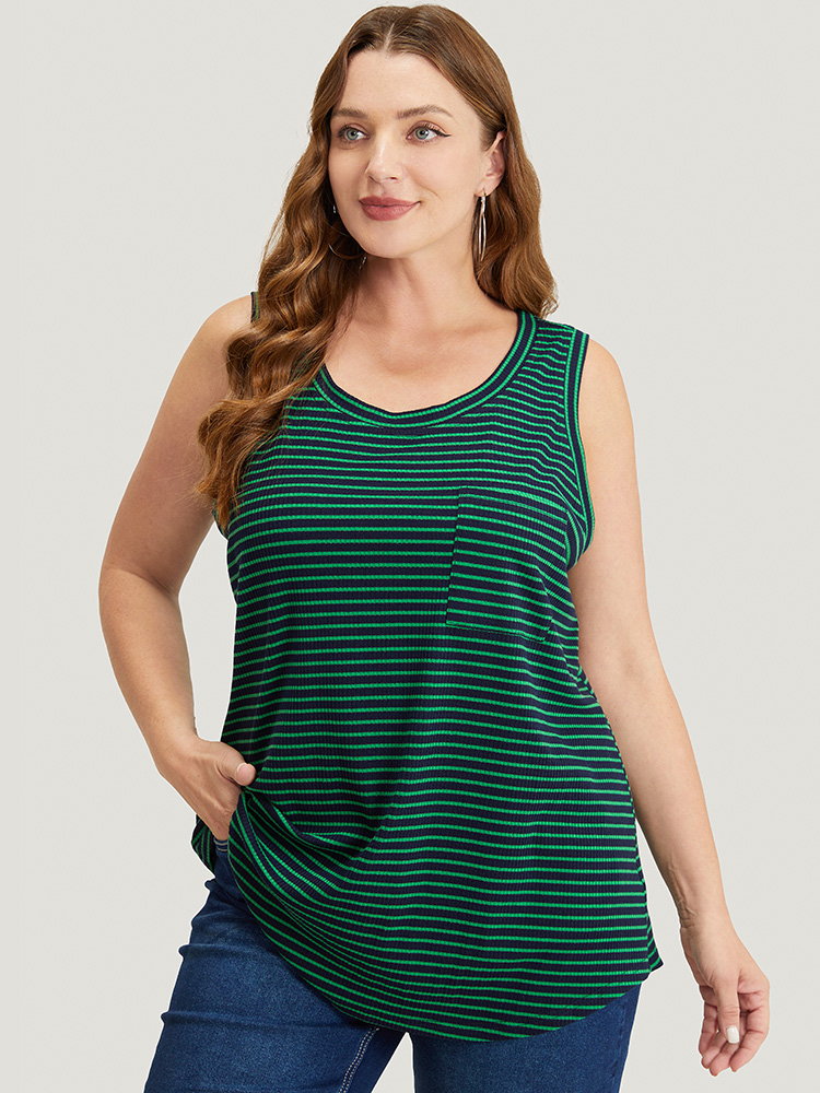 

Plus Size Striped Pocket Arc Hem Tank Top Women Multicolor Casual Everyday Tank Tops Camis BloomChic