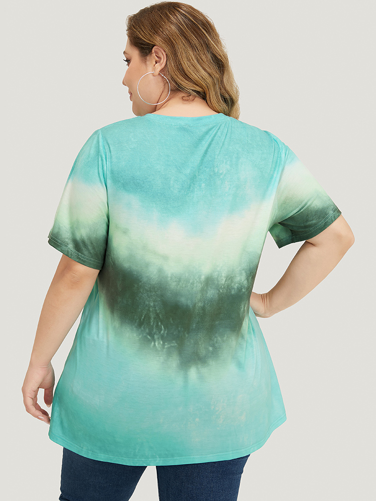 

Plus Size Tie Dye Drop Shoulder Round Neck T-shirt Green Women Casual Ombre Round Neck Dailywear T-shirts BloomChic