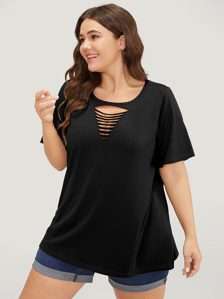 

Plus Size Plain Cut Out Short Sleeve T-shirt Black Women Casual Cut-Out Plain Round Neck Dailywear T-shirts BloomChic