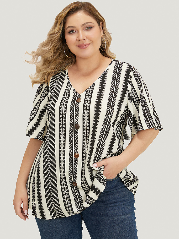 Plus Size White Geometric Print Ruffle Sleeve Button Detail Blouse Women Vacation Short sleeve V-neck Dailywear Blouses BloomChic 22-24/3X 