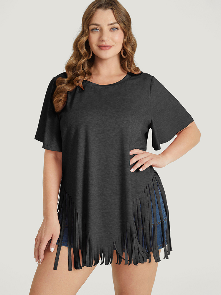 

Plus Size Solid Fringe Trim Asymmetrical Hem Ruffle Sleeve T-shirt Black Women Elegant Asymmetrical Plain Round Neck Dailywear T-shirts BloomChic