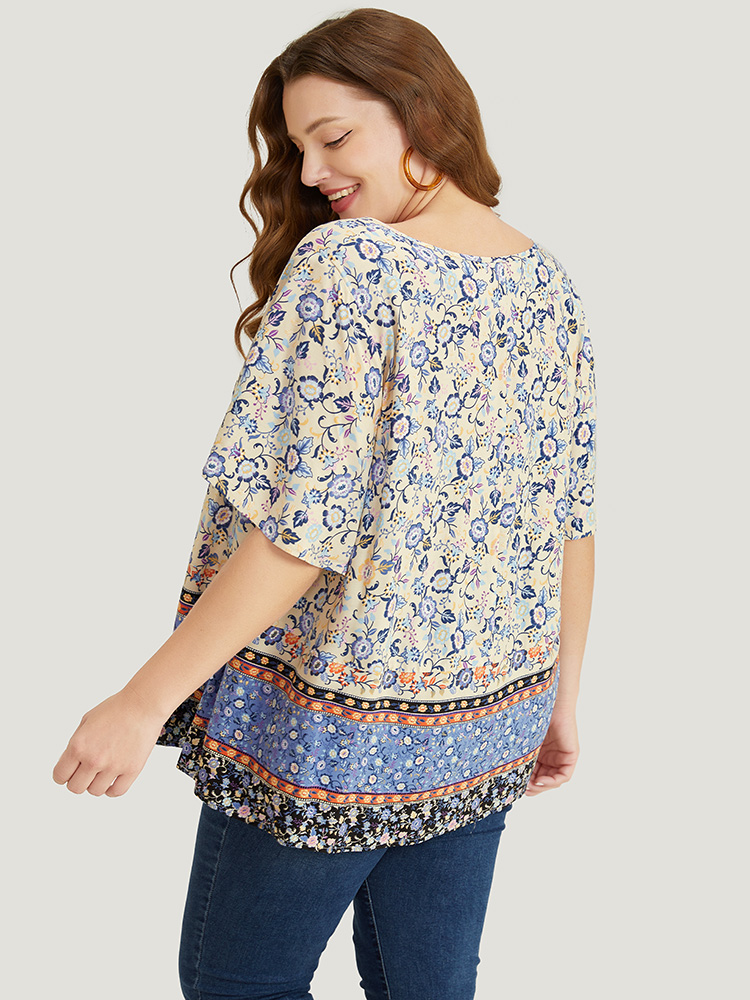 Plus Size Multicolor Bandana Printed Ties Front Ruffle Sleeve Blouse Women Vacation Short sleeve Tie Neck Dailywear Blouses BloomChic 18-20/2X 