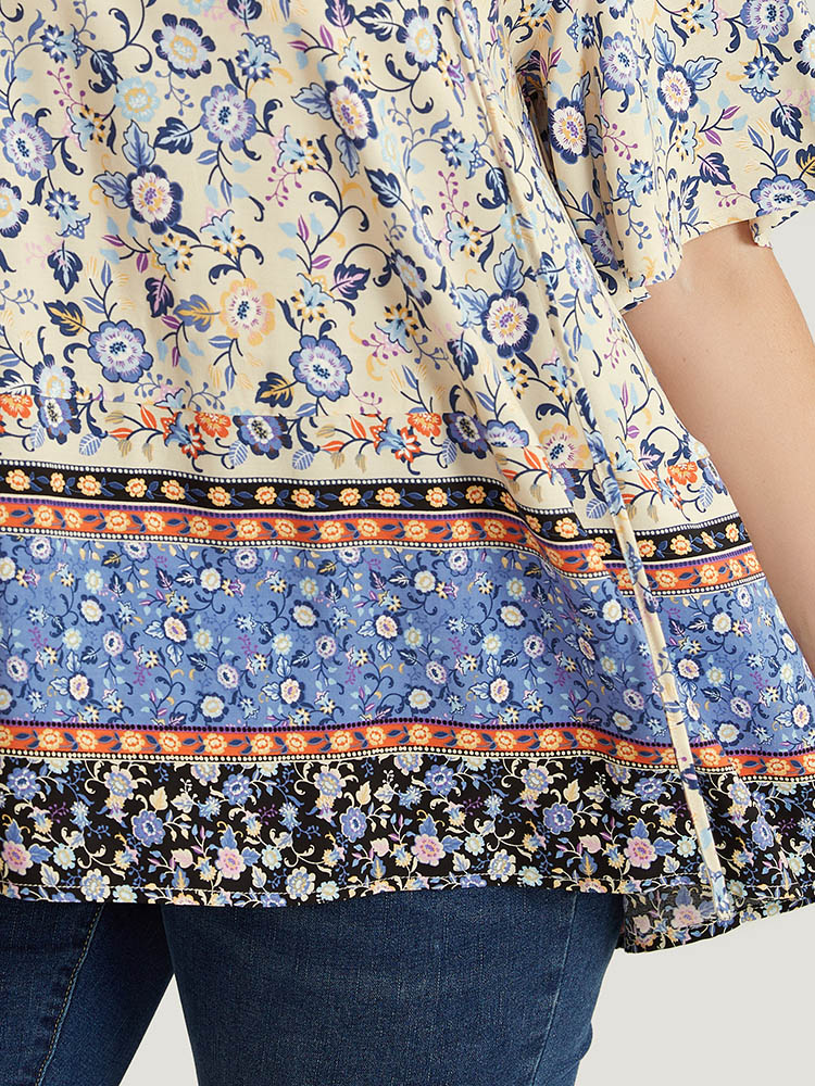 Plus Size Multicolor Bandana Printed Ties Front Ruffle Sleeve Blouse Women Vacation Short sleeve Tie Neck Dailywear Blouses BloomChic 18-20/2X 