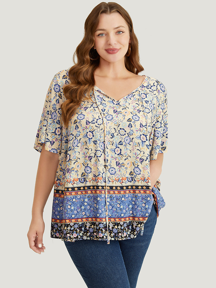 Plus Size Multicolor Bandana Printed Ties Front Ruffle Sleeve Blouse Women Vacation Short sleeve Tie Neck Dailywear Blouses BloomChic 18-20/2X 