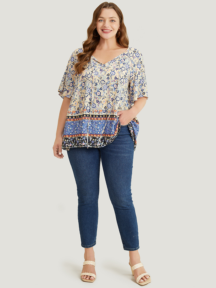 Plus Size Multicolor Bandana Printed Ties Front Ruffle Sleeve Blouse Women Vacation Short sleeve Tie Neck Dailywear Blouses BloomChic 18-20/2X 
