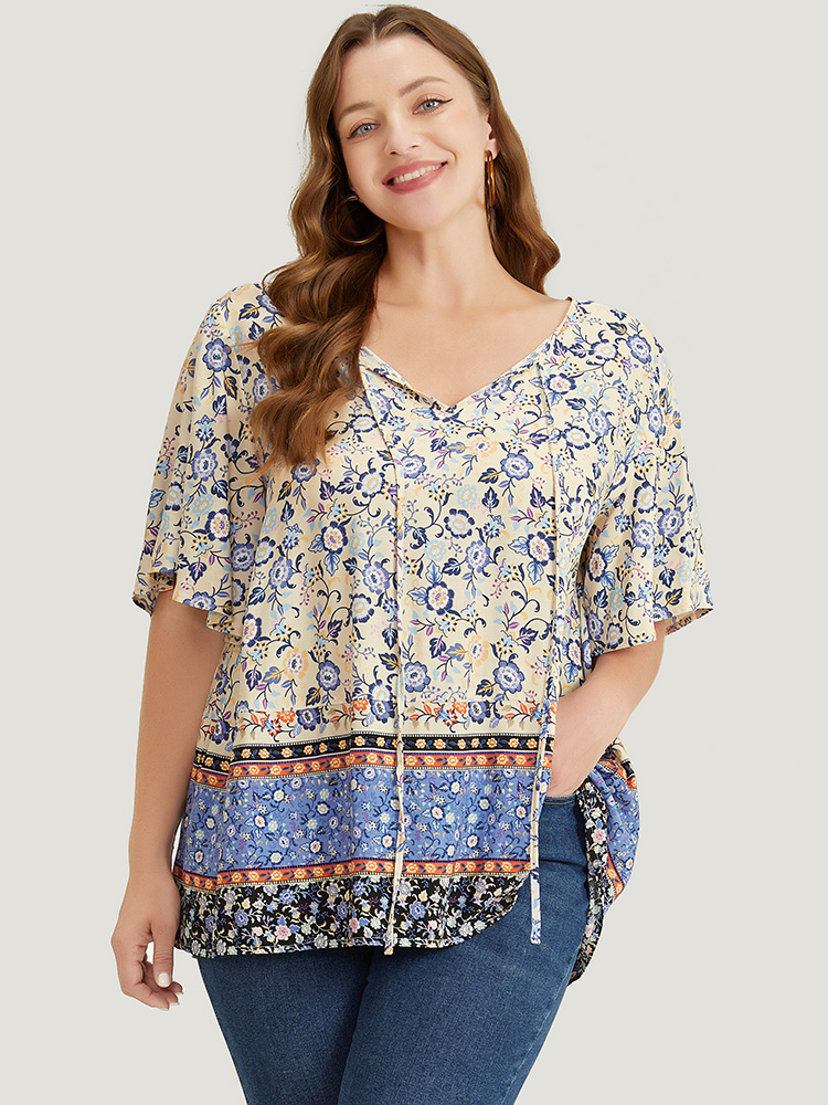 Plus Size Multicolor Bandana Printed Ties Front Ruffle Sleeve Blouse Women Vacation Short sleeve Tie Neck Dailywear Blouses BloomChic 18-20/2X 